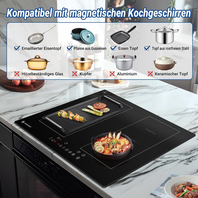 AMZCHEF 60 cm Indukciós Főzőlap 4 Zónás Flex Technológiával 7200W