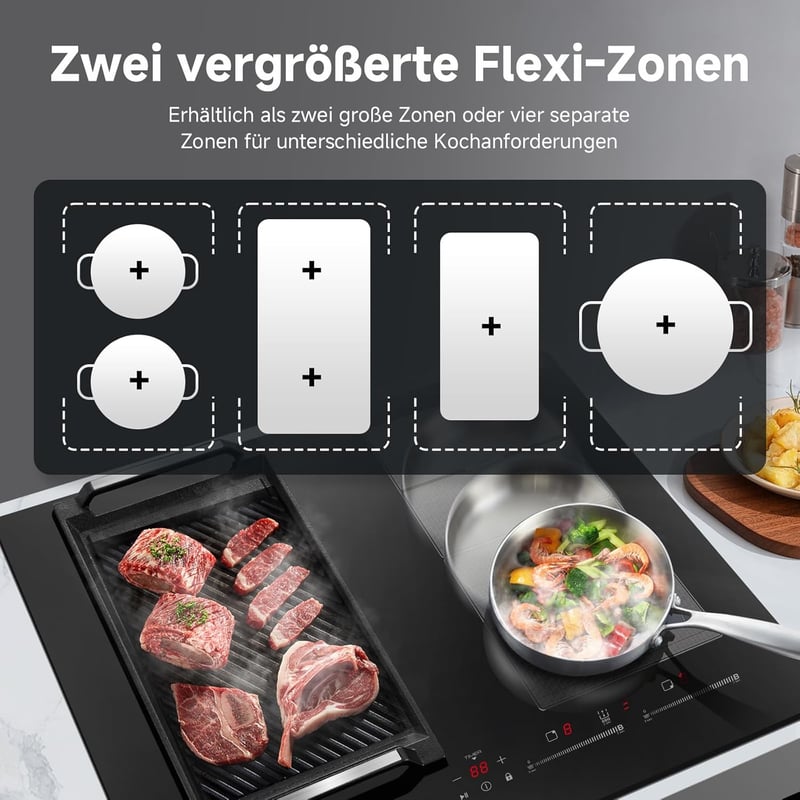 AMZCHEF 60 cm Indukciós Főzőlap 4 Zónás Flex Technológiával, 9 Fokozat, 7400W