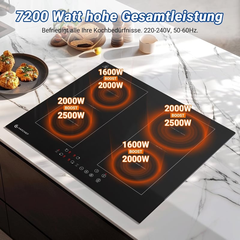 AMZCHEF 60 cm Indukciós Főzőlap 4 Zónás Flex Technológiával 7200W