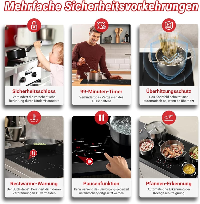 AMZCHEF 80 cm beépíthető indukciós főzőlap 5 zónás 9500W booster funkcióval