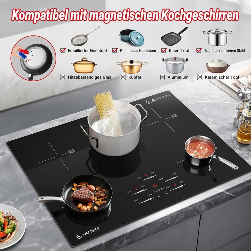 AMZCHEF 80 cm beépíthető indukciós főzőlap 5 zónás 9500W booster funkcióval