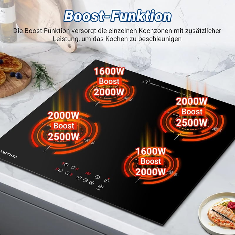 AMZCHEF Beépíthető Indukciós Főzőlap 60 cm - 4 Zónás, 7200W, 9 Teljesítményszint, Boost Funkció, Érintőgombos Vezérlés, Időzítő, Gyerekzár