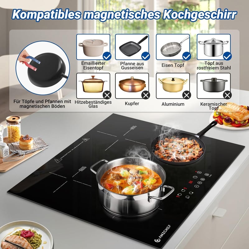AMZCHEF Beépíthető Indukciós Főzőlap 60 cm - 4 Zónás, 7200W, 9 Teljesítményszint, Boost Funkció, Érintőgombos Vezérlés, Időzítő, Gyerekzár