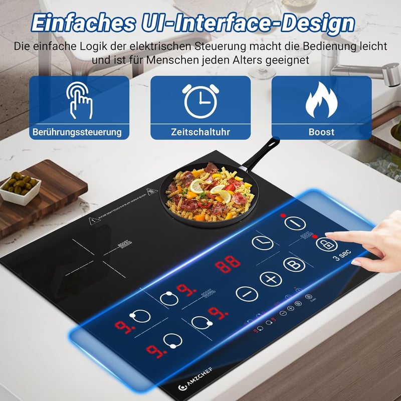 AMZCHEF Beépíthető Indukciós Főzőlap 60 cm - 4 Zónás, 7200W, 9 Teljesítményszint, Boost Funkció, Érintőgombos Vezérlés, Időzítő, Gyerekzár