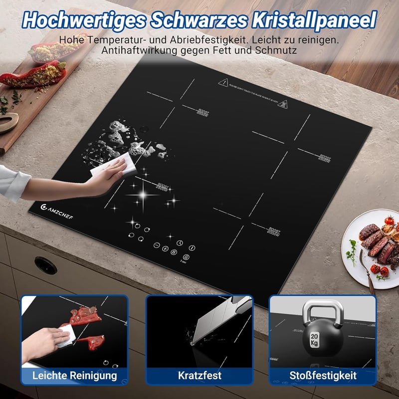 AMZCHEF Beépíthető Indukciós Főzőlap 60 cm - 4 Zónás, 7200W, 9 Teljesítményszint, Boost Funkció, Érintőgombos Vezérlés, Időzítő, Gyerekzár