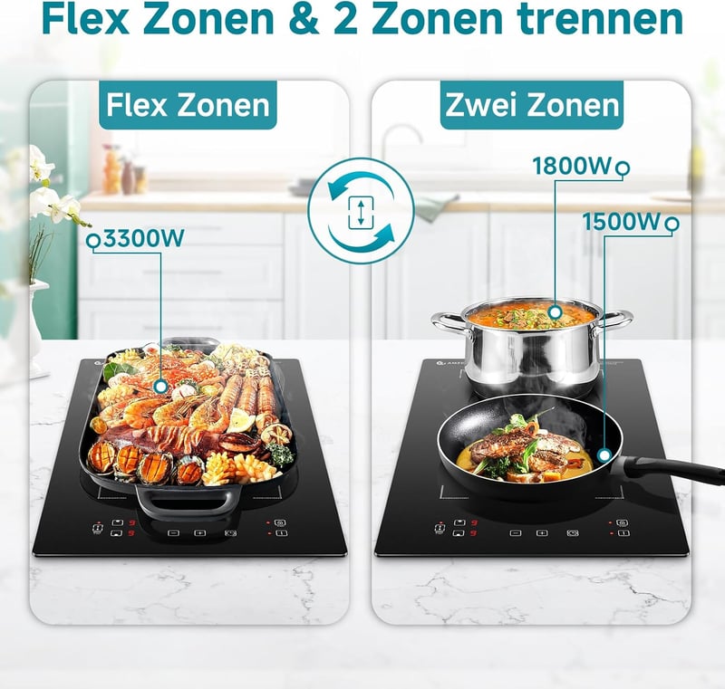 AMZCHEF Dupla Indukciós Főzőlap 3300W Flex Zónával és Időzítővel