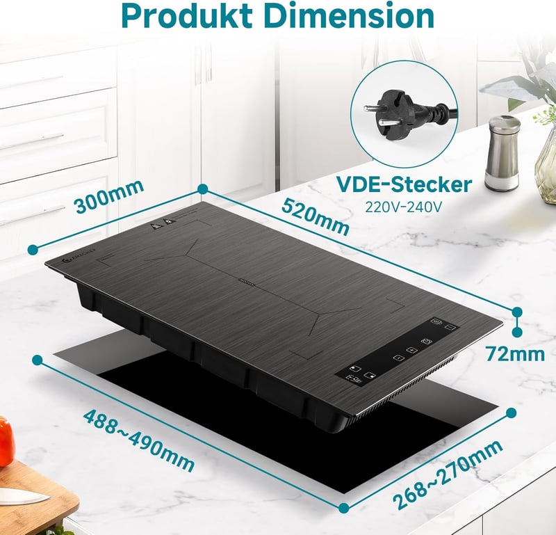AMZCHEF Dupla Indukciós Főzőlap Flex Zónákkal - 3300W, 9 Teljesítményszint, Érintőgombos, Időzítő, Gyerekzár, Asztali és Beépíthető, Szürke