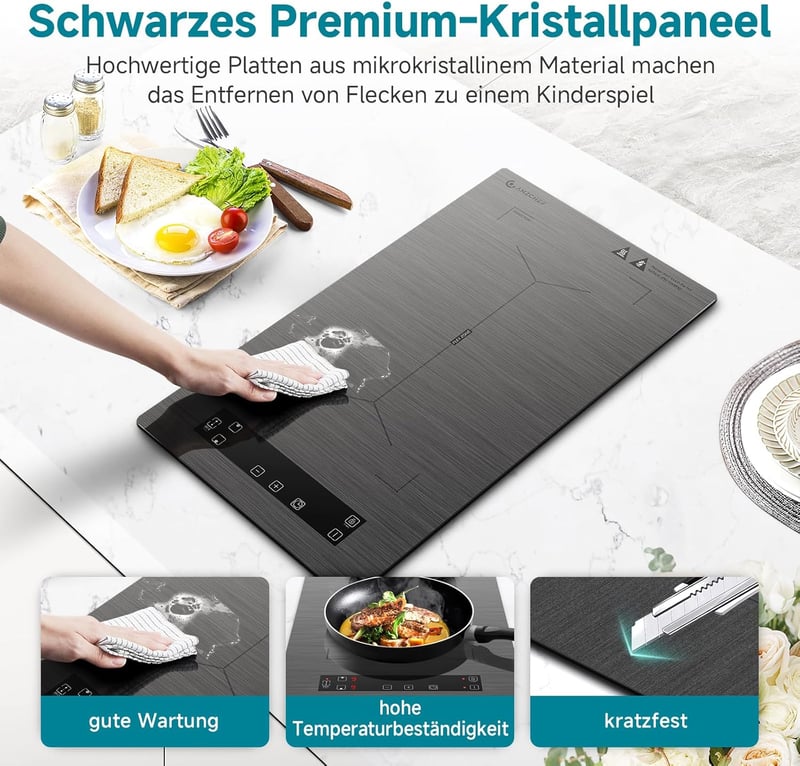 AMZCHEF Dupla Indukciós Főzőlap Flex Zónákkal - 3300W, 9 Teljesítményszint, Érintőgombos, Időzítő, Gyerekzár, Asztali és Beépíthető, Szürke