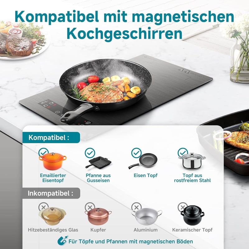 AMZCHEF Dupla Indukciós Főzőlap Flex Zónákkal - 3300W, 9 Teljesítményszint, Érintőgombos, Időzítő, Gyerekzár, Asztali és Beépíthető, Szürke