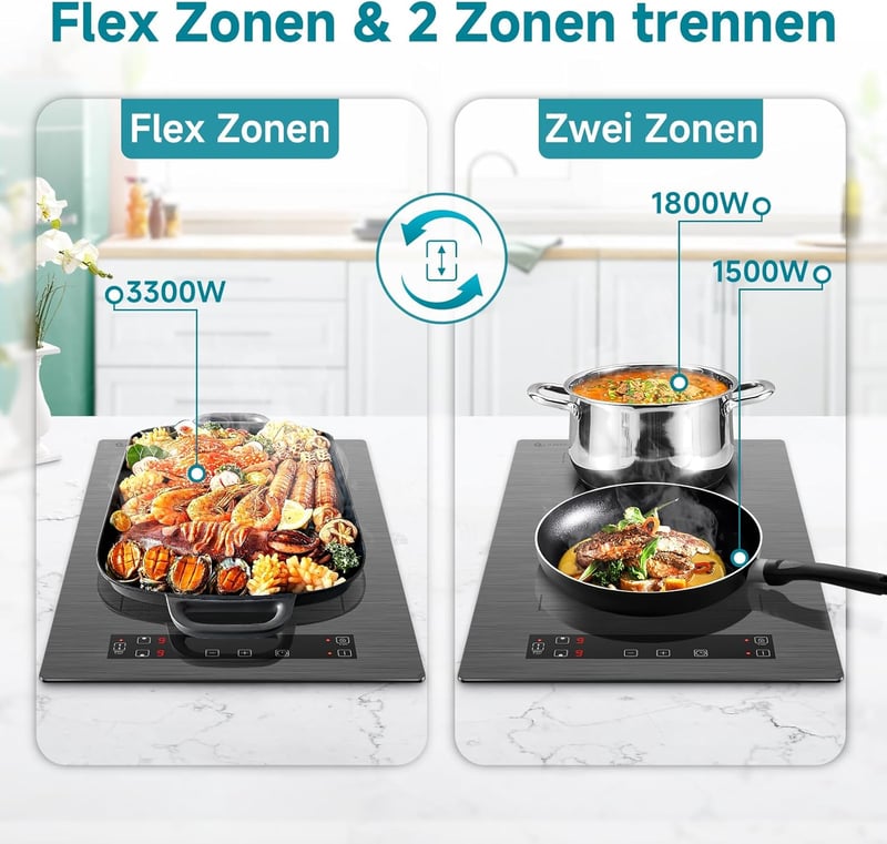 AMZCHEF Dupla Indukciós Főzőlap Flex Zónákkal - 3300W, 9 Teljesítményszint, Érintőgombos, Időzítő, Gyerekzár, Asztali és Beépíthető, Szürke