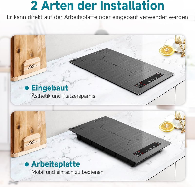 AMZCHEF Dupla Indukciós Főzőlap Flex Zónákkal - 3300W, 9 Teljesítményszint, Érintőgombos, Időzítő, Gyerekzár, Asztali és Beépíthető, Szürke