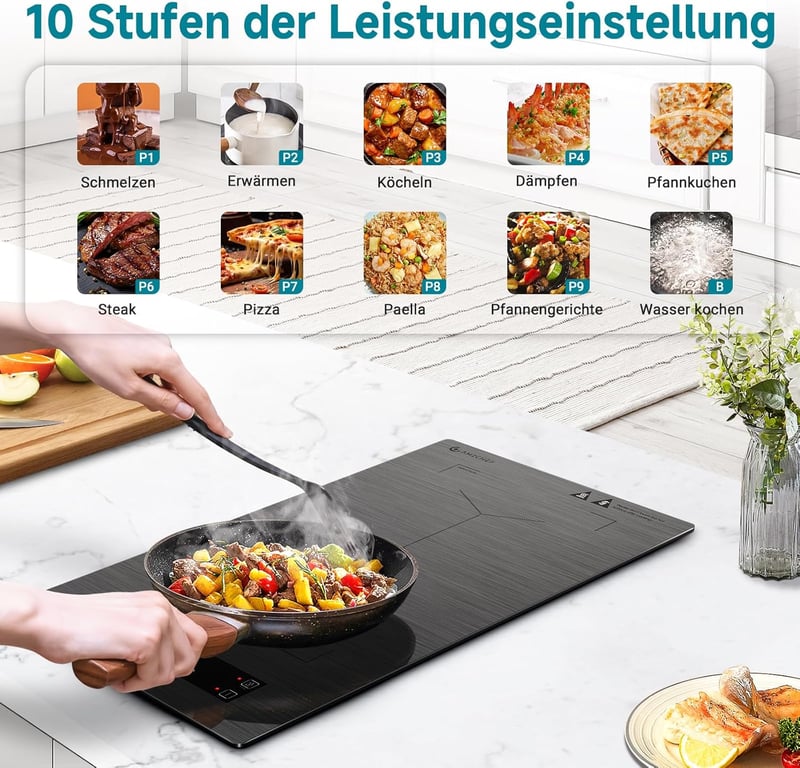 AMZCHEF Dupla Indukciós Főzőlap Flex Zónákkal - 3300W, 9 Teljesítményszint, Érintőgombos, Időzítő, Gyerekzár, Asztali és Beépíthető, Szürke