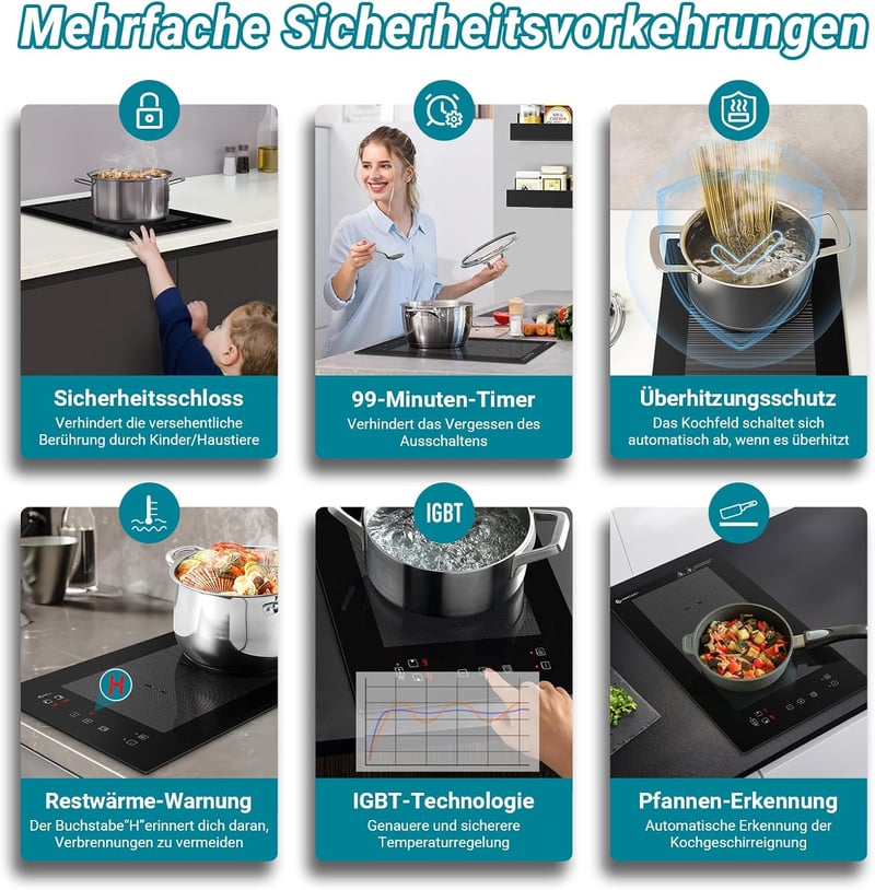 AMZCHEF Indukciós Főzőlap 2 Zónával - Flex Zónás, 10 Teljesítményszint, Biztonsági Zár, Időzítő, Túlmelegedés Elleni Védelem, Érintőgombos, 