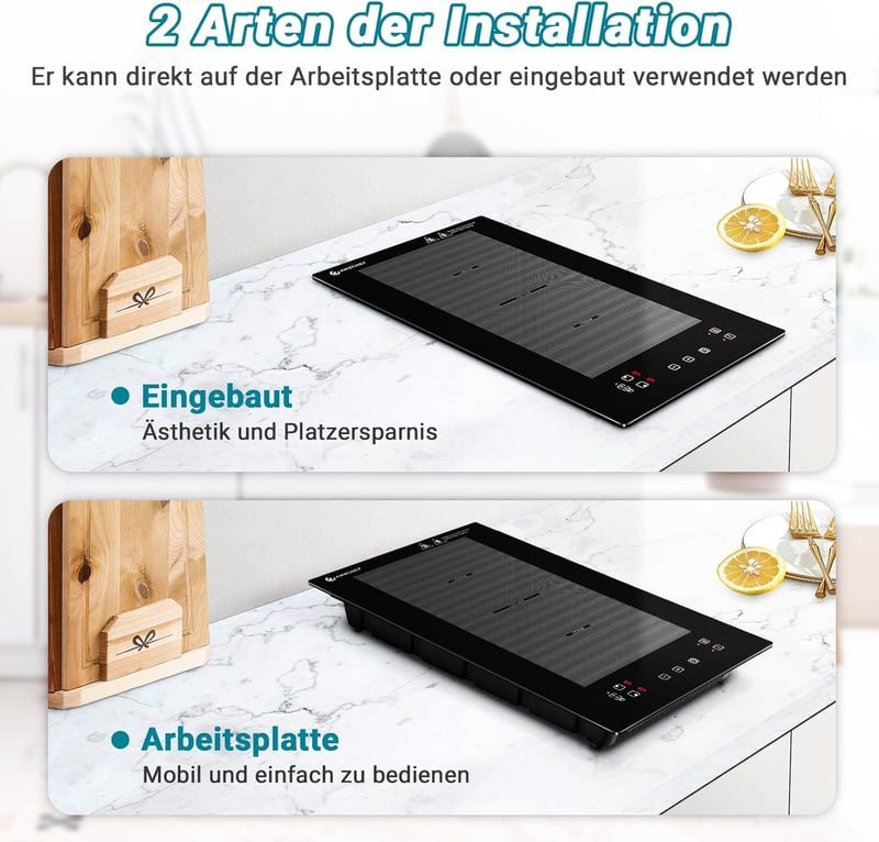 AMZCHEF Indukciós Főzőlap 2 Zónával - Flex Zónás, 10 Teljesítményszint, Biztonsági Zár, Időzítő, Túlmelegedés Elleni Védelem, Érintőgombos, 