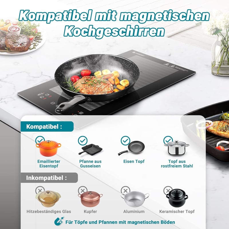 AMZCHEF Indukciós Főzőlap 2 Zónával - Flex Zónás, 10 Teljesítményszint, Biztonsági Zár, Időzítő, Túlmelegedés Elleni Védelem, Érintőgombos, 