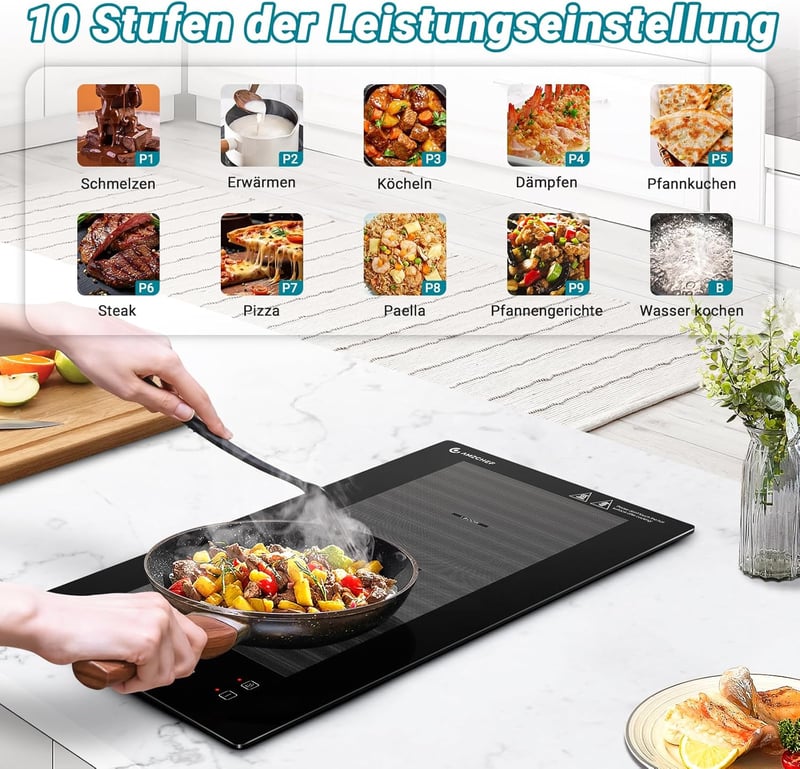 AMZCHEF Indukciós Főzőlap 2 Zónával - Flex Zónás, 10 Teljesítményszint, Biztonsági Zár, Időzítő, Túlmelegedés Elleni Védelem, Érintőgombos, 