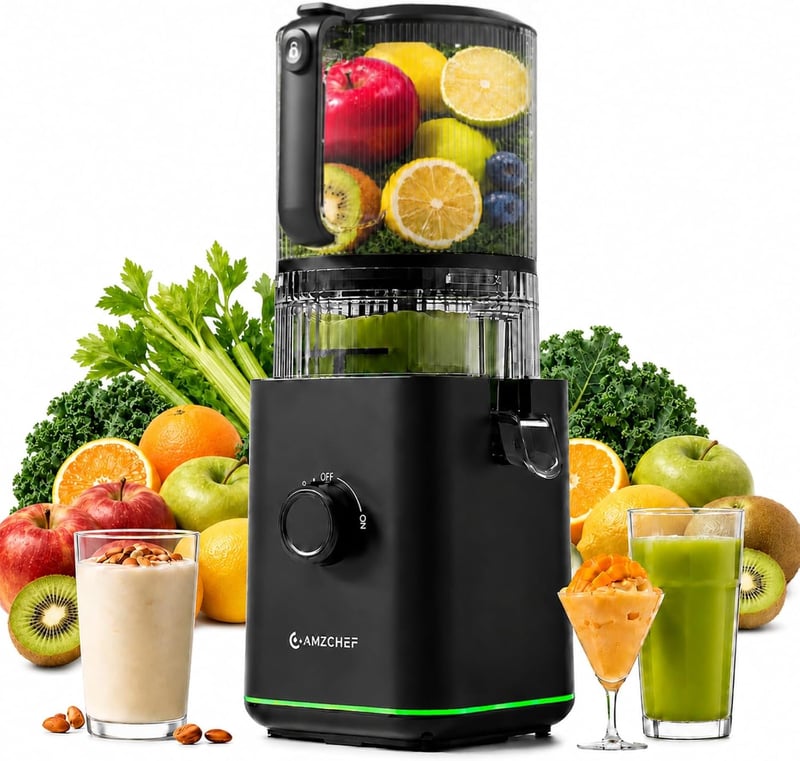 Storcător prin presare la rece AMZCHEF pentru fructe și legume întregi, tub de alimentare XXL de 155 mm, recipient de 2,5 L, filtru 3 în 1, negru