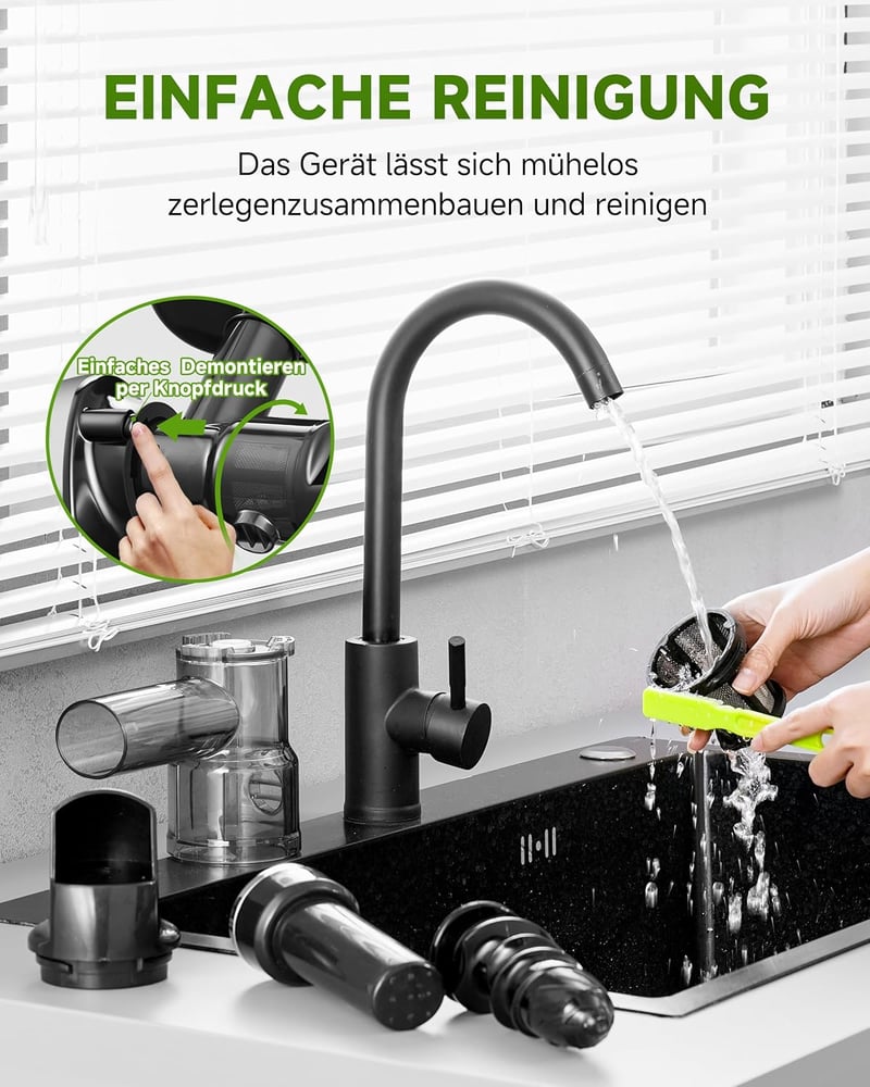 AMZCHEF Prémium Gyümölcs- és Zöldségprés 150W - Csendes Motoros Lassú Gyümölcsfacsaró Visszaforgató Funkcióval, Ezüst
