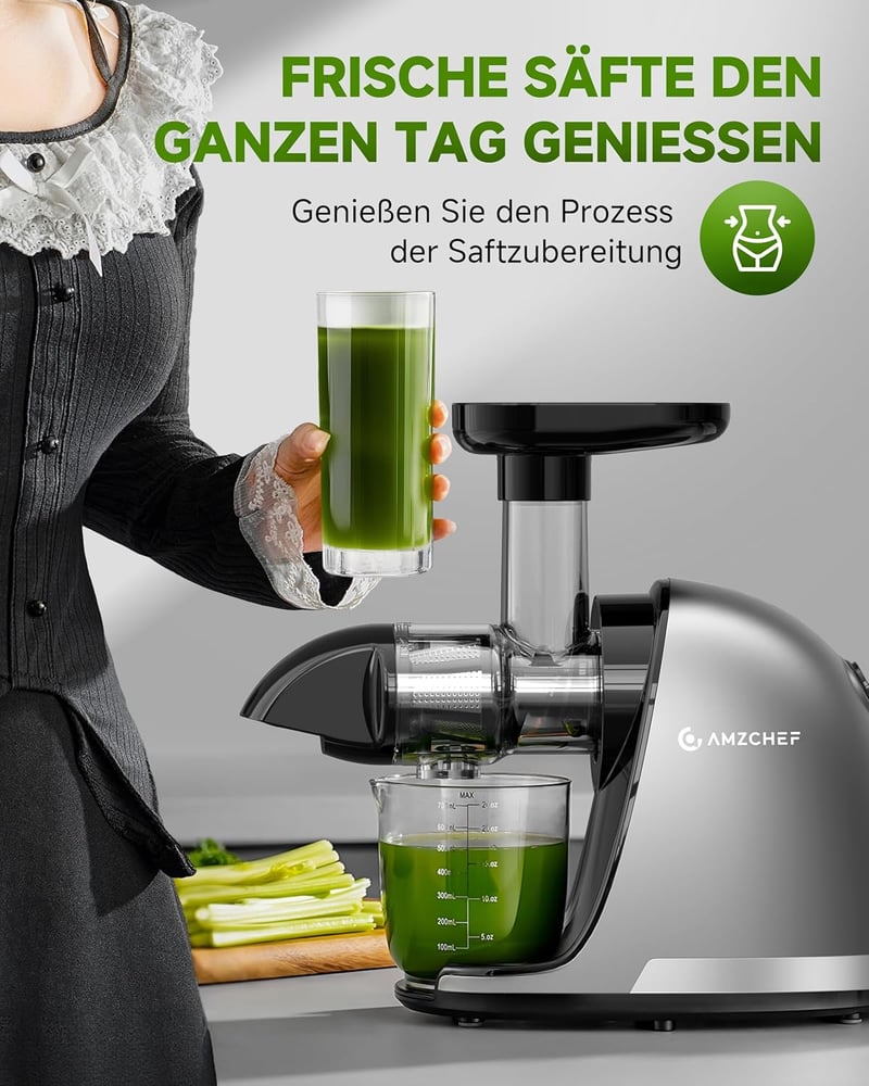 AMZCHEF Prémium Gyümölcs- és Zöldségprés 150W - Csendes Motoros Lassú Gyümölcsfacsaró Visszaforgató Funkcióval, Ezüst