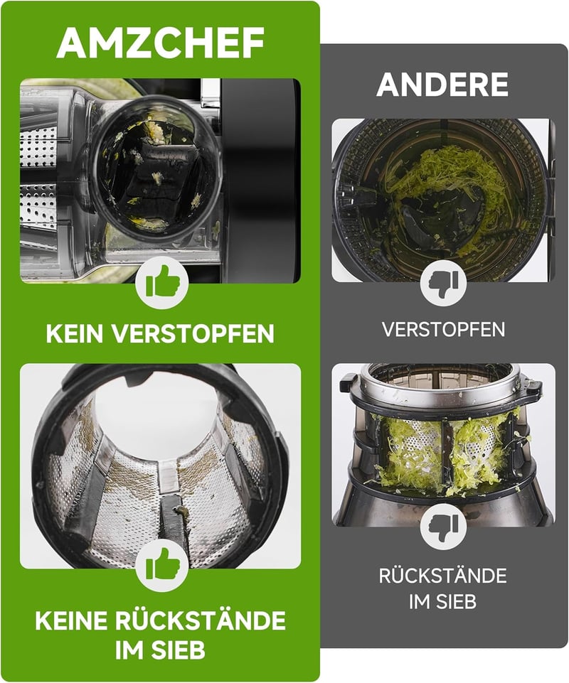 AMZCHEF Prémium Gyümölcs- és Zöldségprés 150W - Csendes Motoros Lassú Gyümölcsfacsaró Visszaforgató Funkcióval, Ezüst