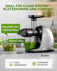 AMZCHEF Prémium Gyümölcs- és Zöldségprés 150W - Csendes Motoros Lassú Gyümölcsfacsaró Visszaforgató Funkcióval, Ezüst 4