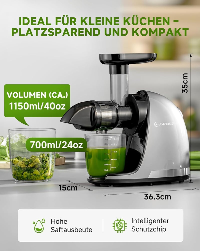 AMZCHEF Prémium Gyümölcs- és Zöldségprés 150W - Csendes Motoros Lassú Gyümölcsfacsaró Visszaforgató Funkcióval, Ezüst