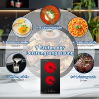 AMZCHEF Üvegkerámia Főzőlap 2 Zónával, 3200W, 9 Teljesítményszint, Egyenletes Hőelosztás, Biztonsági Zár, Időzítő, Minden Edényhez 4