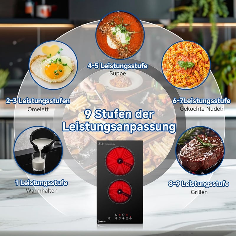 AMZCHEF Üvegkerámia Főzőlap 2 Zónával, 3200W, 9 Teljesítményszint, Egyenletes Hőelosztás, Biztonsági Zár, Időzítő, Minden Edényhez