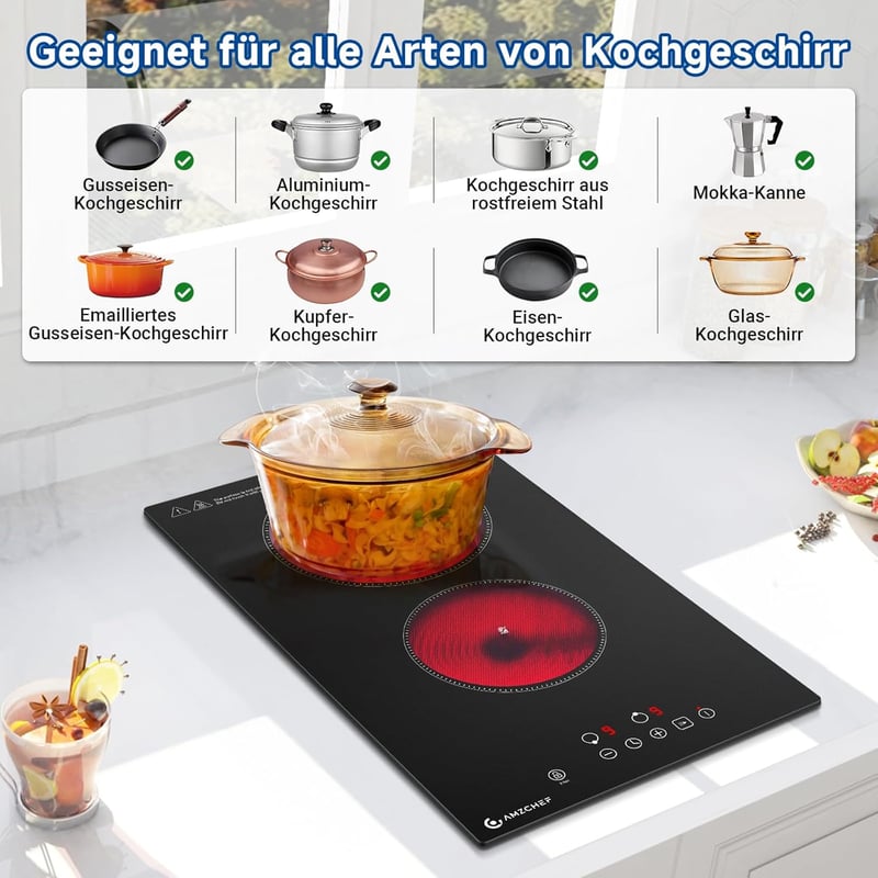 AMZCHEF Üvegkerámia Főzőlap 2 Zónával, 3200W, 9 Teljesítményszint, Egyenletes Hőelosztás, Biztonsági Zár, Időzítő, Minden Edényhez