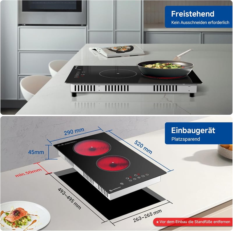 AMZCHEF Üvegkerámia Főzőlap 2 Zónával, 3200W, 9 Teljesítményszint, Egyenletes Hőelosztás, Biztonsági Zár, Időzítő, Minden Edényhez