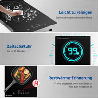 AMZCHEF Üvegkerámia Főzőlap 2 Zónával, 3200W, 9 Teljesítményszint, Egyenletes Hőelosztás, Biztonsági Zár, Időzítő, Minden Edényhez 5