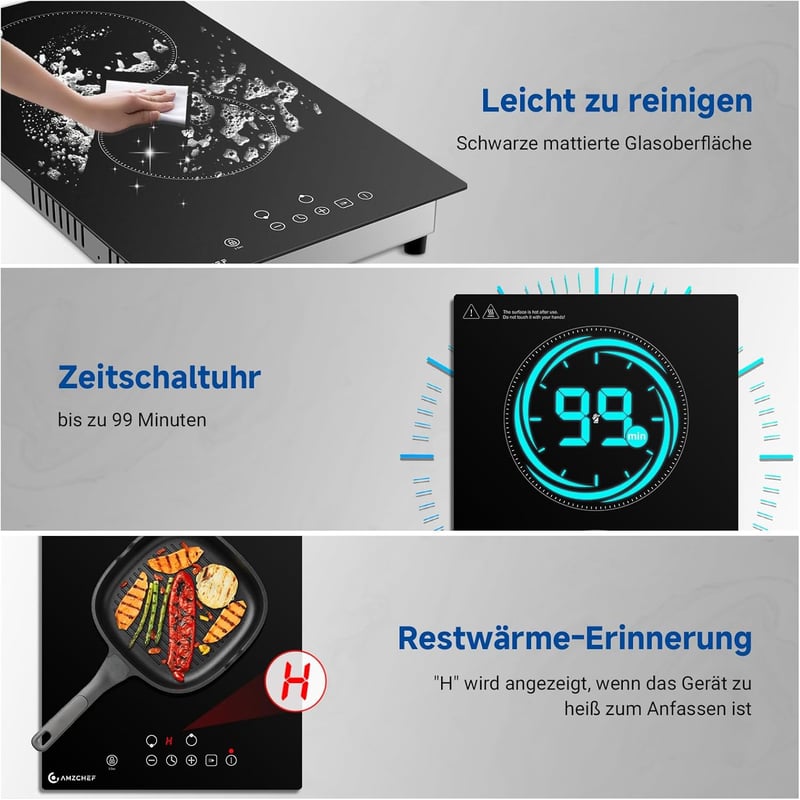 AMZCHEF Üvegkerámia Főzőlap 2 Zónával, 3200W, 9 Teljesítményszint, Egyenletes Hőelosztás, Biztonsági Zár, Időzítő, Minden Edényhez