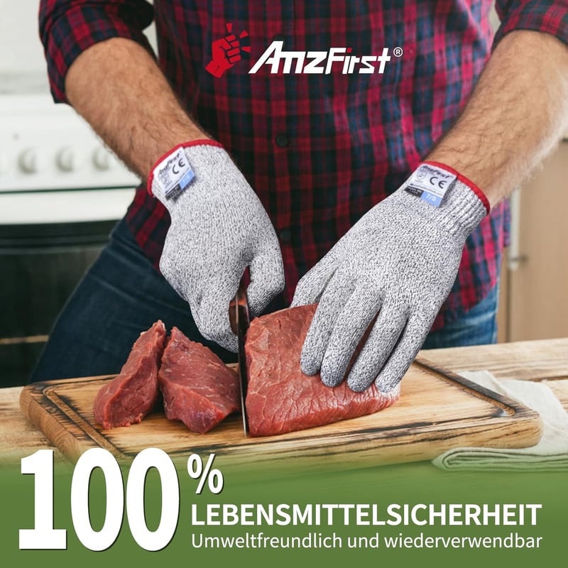AmzFirst Vágásbiztos Kesztyű 2 Pár - L-es Méret, 5-ös Szintű Védelem, Konyhai, Kerti és Barkács Munkákhoz, Élelmiszerbarát Anyagból, Szürke