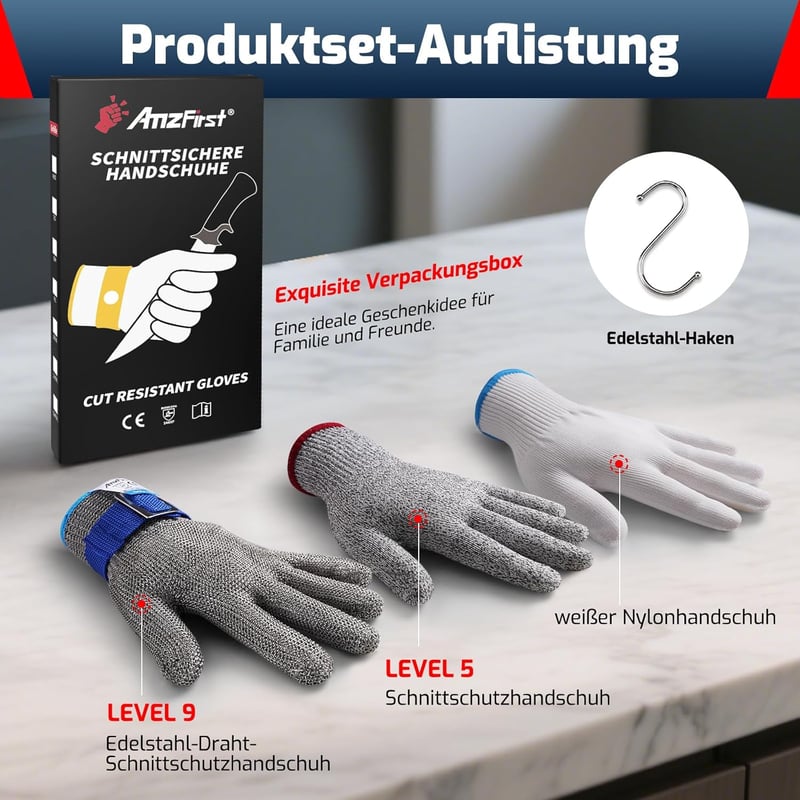 AmzFirst 9-es Szintű Vágásálló Konyhai Kesztyű - Rozsdamentes Acél Hálós Védőkesztyű Mandolinhoz, Húsvágáshoz, Kék Csuklópánttal, XL Méret