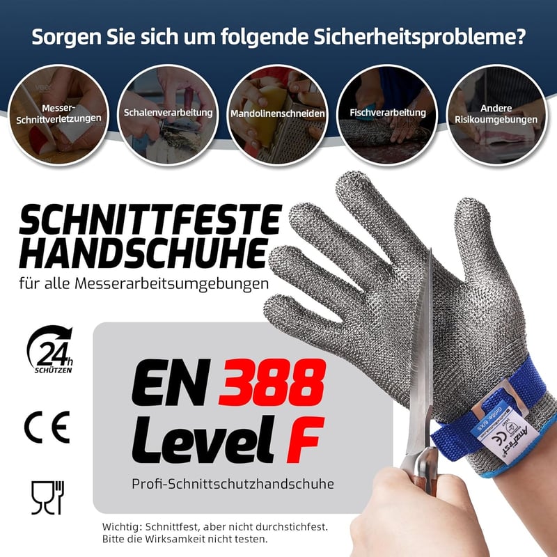 AmzFirst 9-es Szintű Vágásálló Konyhai Kesztyű - Rozsdamentes Acél Hálós Védőkesztyű Mandolinhoz, Húsvágáshoz, Kék Csuklópánttal, XL Méret