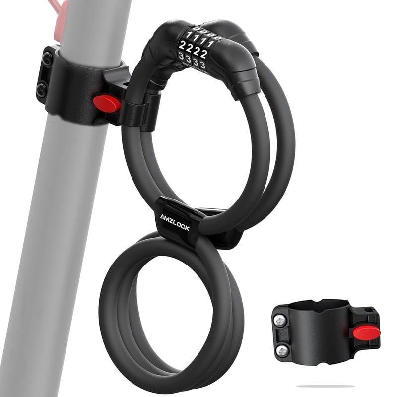 Antifurt pentru trotinetă electrică și bicicletă AMZLOCK, cu cablu dublu și suport, cod din 4 cifre, 110 cm / 12 mm