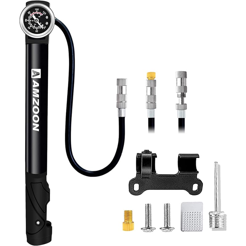 Pompă Mini pentru Bicicletă AMZOON cu Manometru, 120 PSI, Valvă Schrader și Presta, Furtun Extensibil, Pompă Manuală Ușoară pentru Biciclete de Cursieră și MTB
