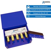 Anadol 4/1 DiSEqC prepínač 2.0 pre 4 družice a 1 účastníka, v odolnom vyhotovení do každého počasia, vrátane 5x F-konektora, sťahovacích pások, hmoždiniek a skrutiek 2