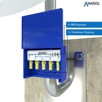 Anadol 4/1 DiSEqC prepínač 2.0 pre 4 družice a 1 účastníka, v odolnom vyhotovení do každého počasia, vrátane 5x F-konektora, sťahovacích pások, hmoždiniek a skrutiek 4