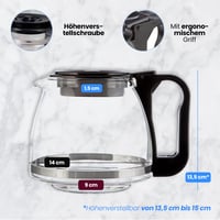 Anakel Home Üveg Kávéskanna Filteres Kávéfőzőhöz, Állítható Magassággal | 13,5-15 cm x 14 cm | 1 literes, Fekete Fedeles Karaffa 4