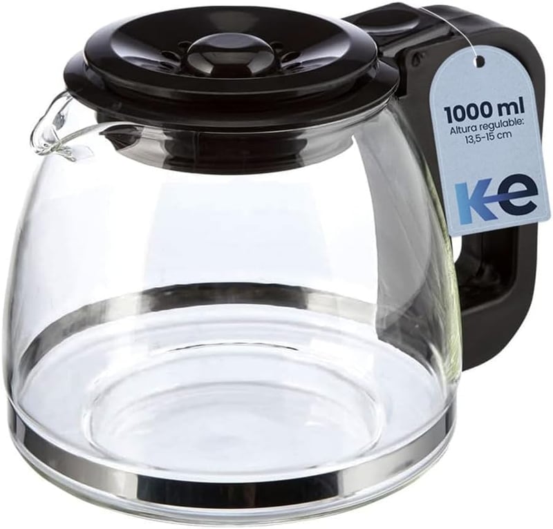 Anakel Home Üveg Kávéskanna Filteres Kávéfőzőhöz, Állítható Magassággal | 13,5-15 cm x 14 cm | 1 literes, Fekete Fedeles Karaffa