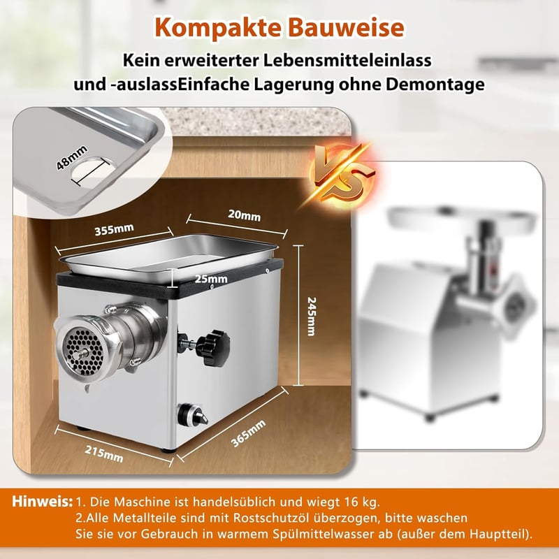 Anatole 1100W Professzionális Húsdaráló - Rozsdamentes Acél Elektromos Húsőrlő Kolbásztöltővel, 3 Tárcsával és 2 Késsel Éttermek Számára