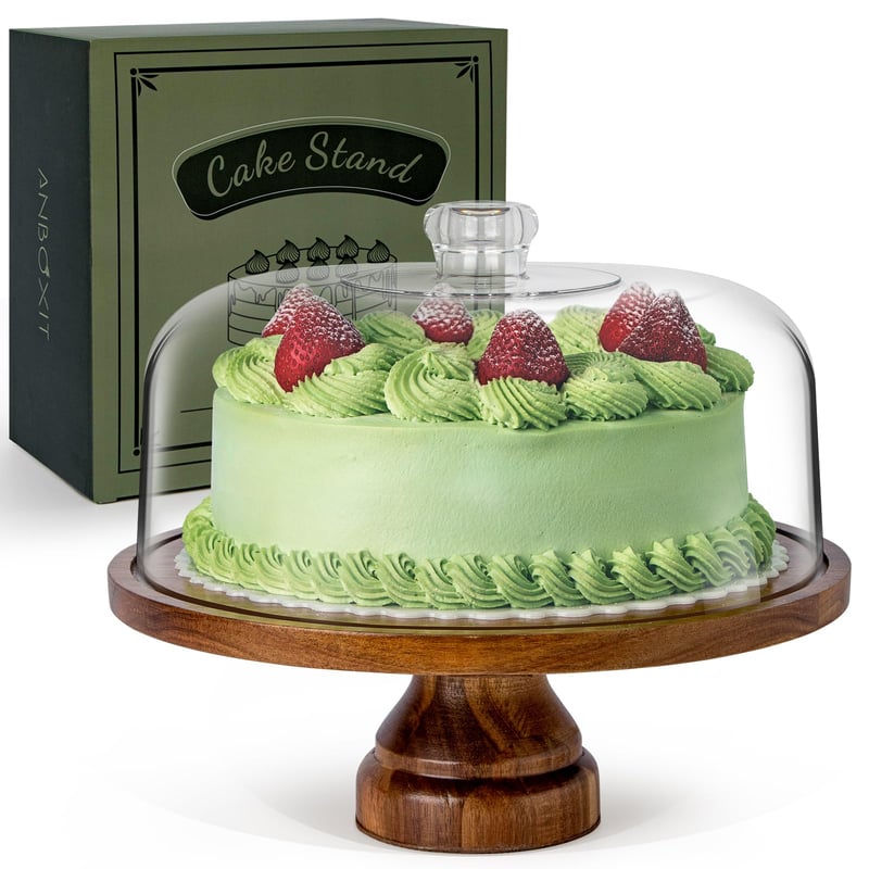 ANBOXIT stalak za torte s poklopcem, akrilno zvono za tortu, drveni stalak za kolače s kupolom