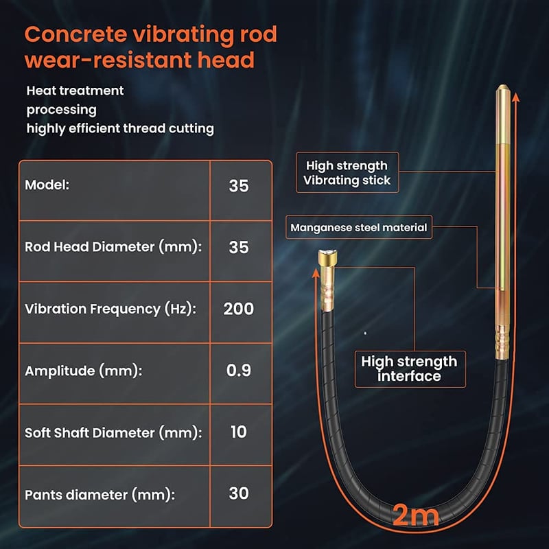 Anbull Betonvibrátor 1300W Elektromos Beton Tömörítő 2m Kábel 35mm Vibrációs Fej 4800 Fordulat Építőipari Gép