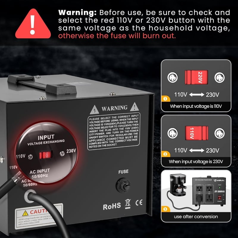 Anbull DT-2000W Toroid Transzformátor Feszültségátalakító - 110V-230V Konverter, Fel-Le Átalakító, 50-60 Hz, 2000VA Teljesítmény
