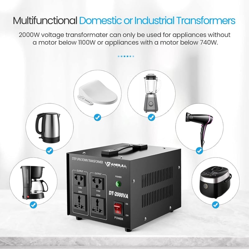 Anbull DT-2000W Toroid Transzformátor Feszültségátalakító - 110V-230V Konverter, Fel-Le Átalakító, 50-60 Hz, 2000VA Teljesítmény
