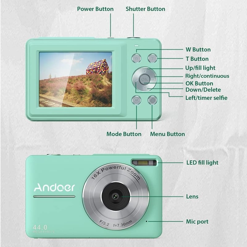 Andoer 44MP digitális fényképezőgép 1080P videó 16X zoom 32GB memóriakártya