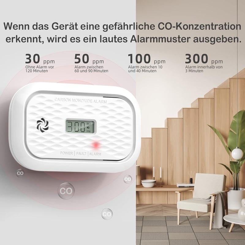 Andyssey ZA326 Szén-monoxid Érzékelő LCD Kijelzővel, Hordozható CO Riasztó Cserélhető Elemmel, 10 Éves Szenzor, 85 dB Hangerő
