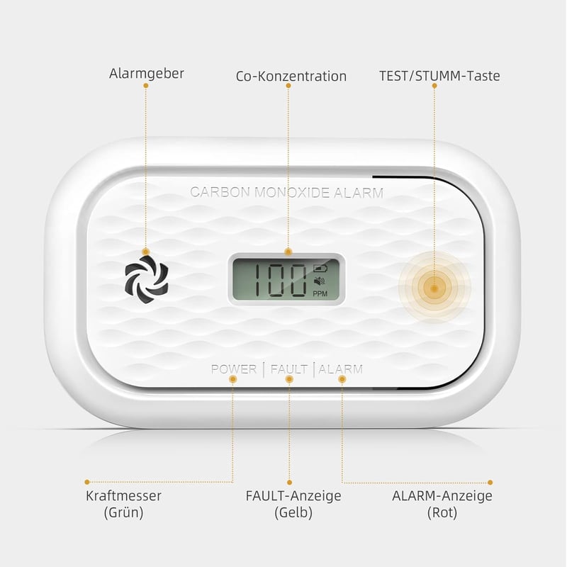 Andyssey ZA326 Szén-monoxid Érzékelő LCD Kijelzővel, Hordozható CO Riasztó Cserélhető Elemmel, 10 Éves Szenzor, 85 dB Hangerő