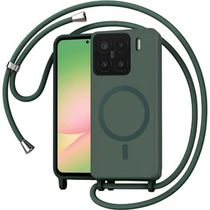 Anfire maskica za Xiaomi 15 s vezicom, MagSafe kompatibilna magnetska silikonska maska za nošenje preko tijela, s podesivim i odvojivim lancem, tamnozelena